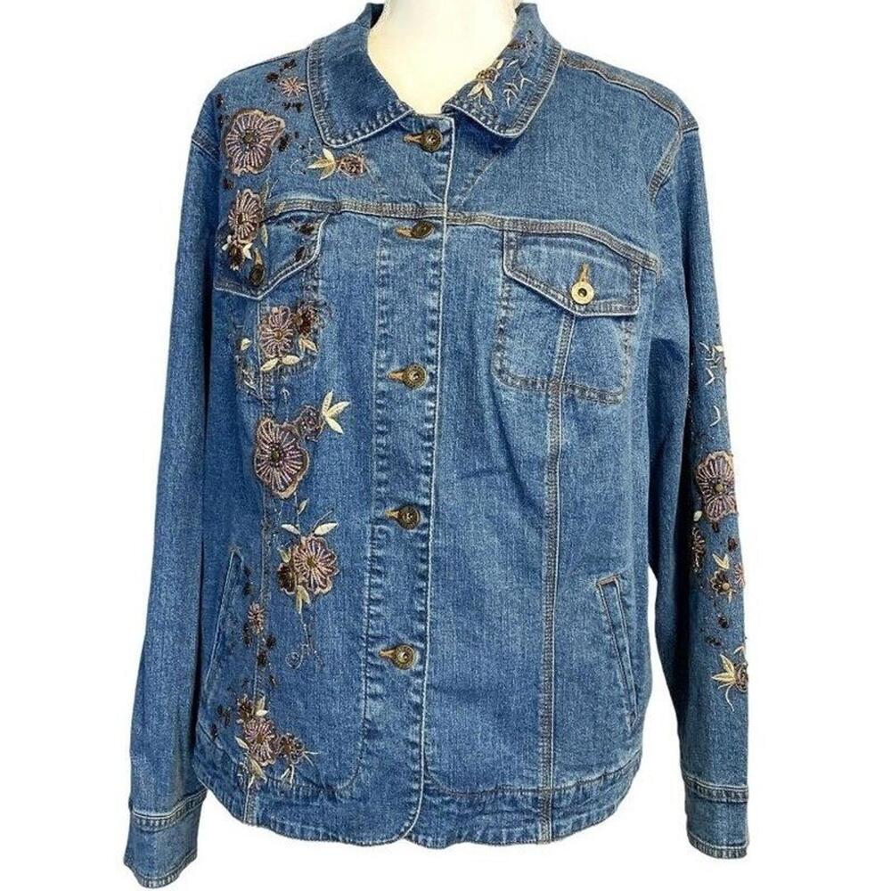NWT Embroidered Western Denim Blue Jean Jacket Floral Beaded‎ Size 26 28 Avenue